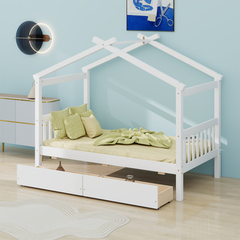Lit en bois avec tiroirs, Blanc