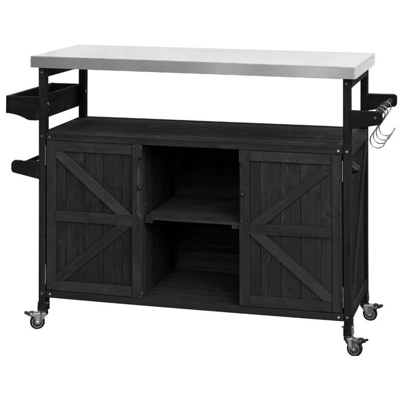 Outdoor Kitchen Island, Rolling Bar Cart & Storage Cabinet, Farmhouse Solid Wood Outdoor Grill Table With Stainless Steel Top, Spice Rack , Towel Rack For Kitchen & Barbecue, Black