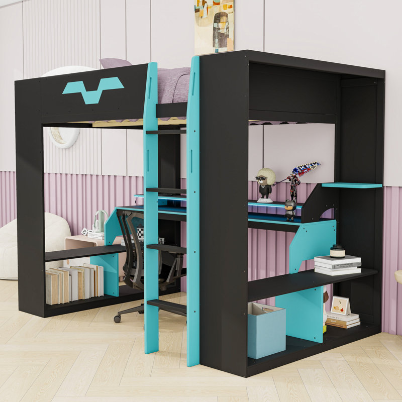 Lit mezzanine double RVB avec concentrateur intégré et poste de travail ergonomique, Bleu