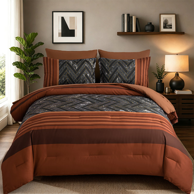 Ensemble d'édredon géométrique à rayures 7 pièces, ensemble de literie toutes saisons en microfibre douce, Burnt Orange