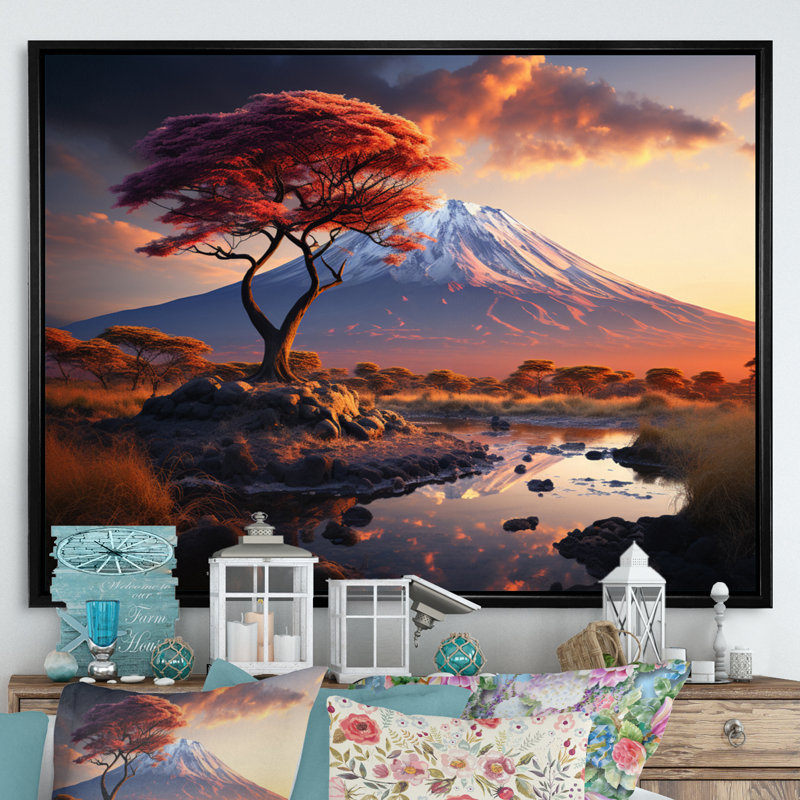 Paysage africain, mont Kilimandjaro II, sur toile, H 12 po x l 20 po x P 1 po, Cadre flottant noir