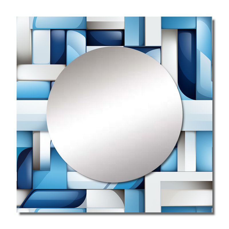 Blocs géométriques blancs et bleus Harmony II - Grand miroir mural carré moderne pour la chambre à coucher, 23 po x 23 po
