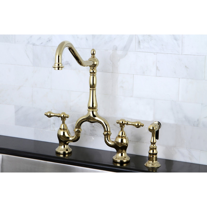Kingston Brass English Country Two-Handle 3-Hole Deck Mount Bridge Kitchen Faucet with Brass Side Sprayer, Polished Brass