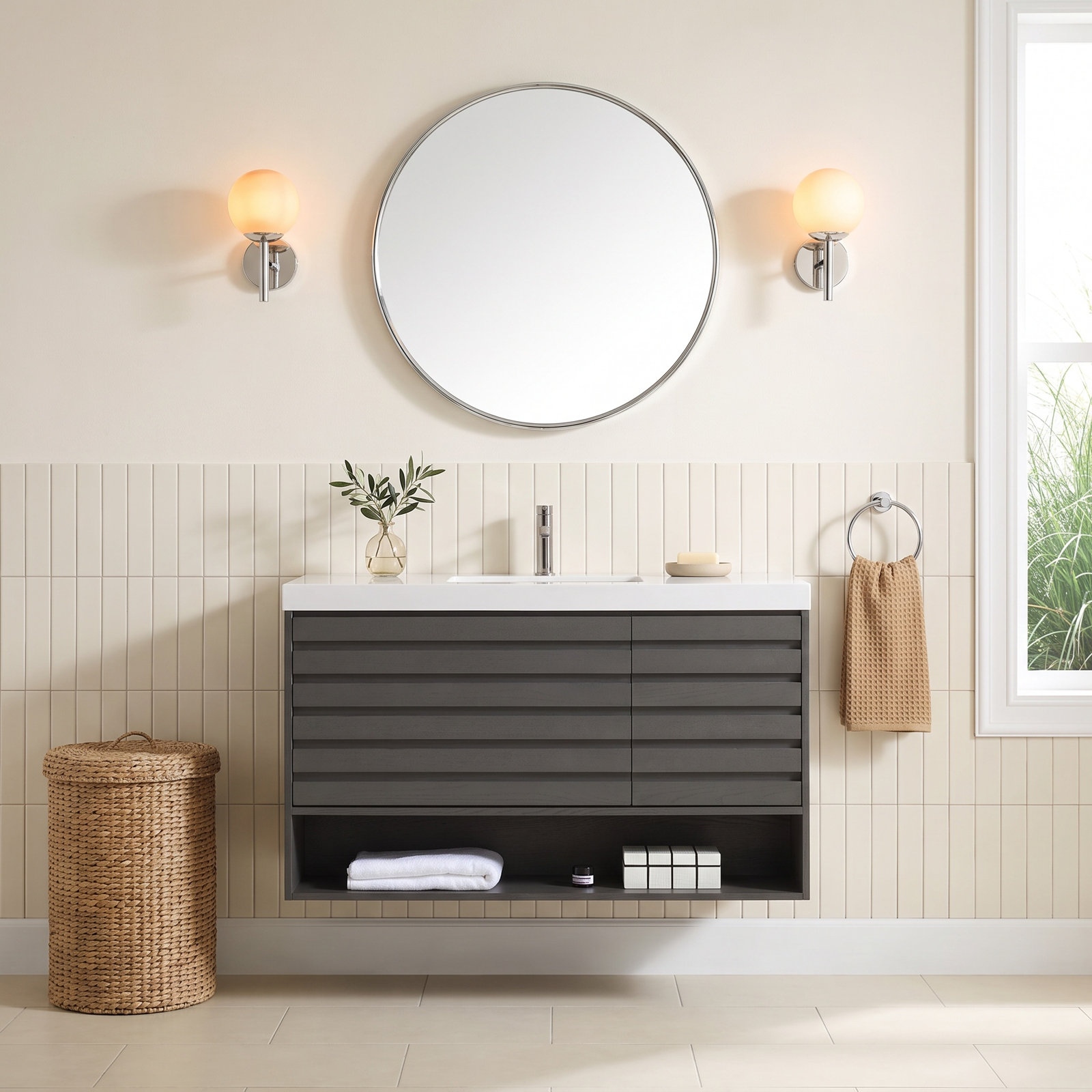 Matera 48" Cedar Single Bathroom Vanity, White, Charcoal