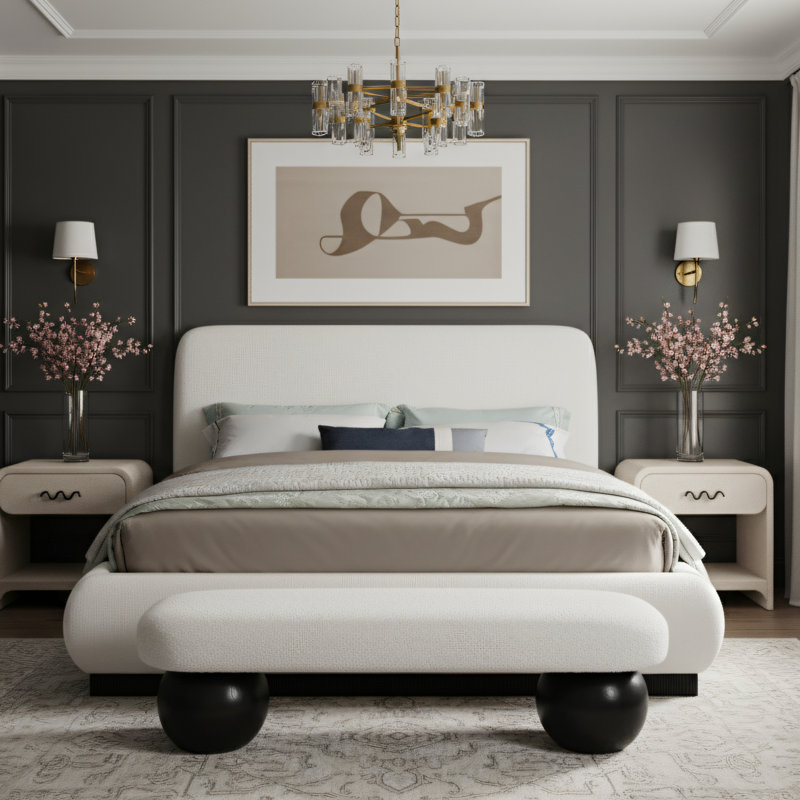 Lit plateforme tapissier Rigby, Tissu texturé en lin crème, Très grand