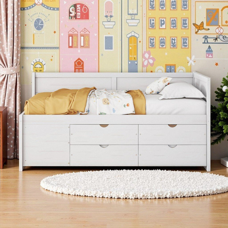 Dormal Full Size Daybed With Pull-Out Drawers And Shelves, Solid Wood Storage Platform Bed, White, Full
