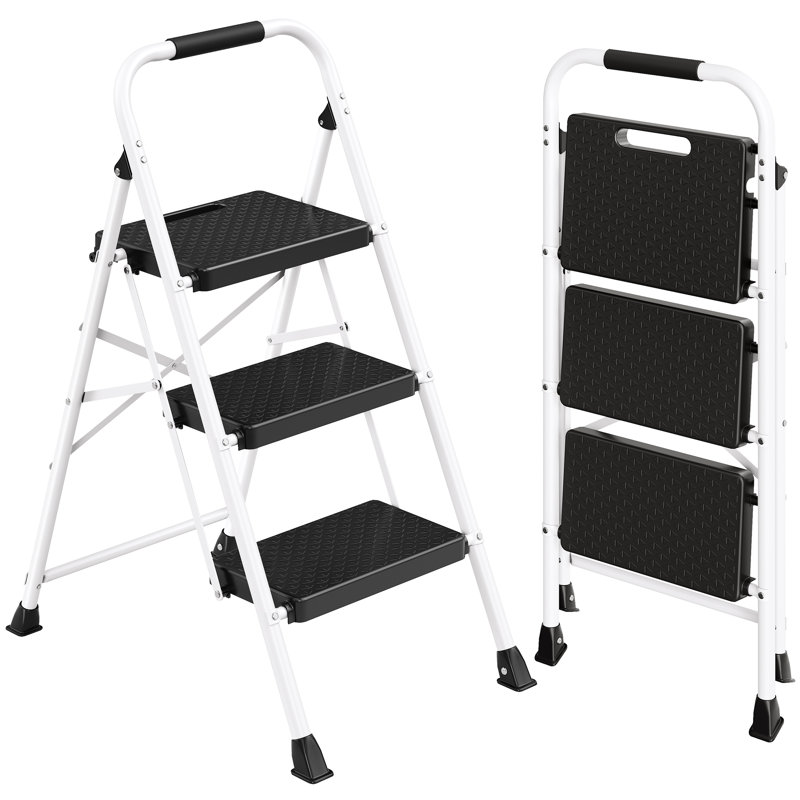 3-Step Folding Ladder, Steel Step Stool with Anti-Slip Feet, 114 x 45.5 x 7.5 cm, white
