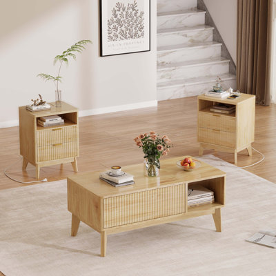 Lift Top Coffee Table Set With 2 End Tables, Natural Coffee Table & Side Tables With Charging Station
