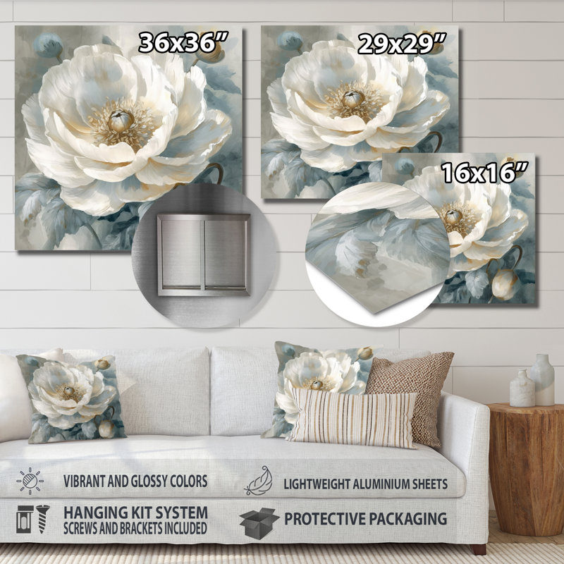 Décoration murale pivoines blanches et bleues - pivoine florale en métal, H 16 po x l 16 po x P 1 po