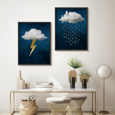 Ensemble 2 pièces d'art mural nuage orage - foudre dorée et pluie sur ciel bleu marine