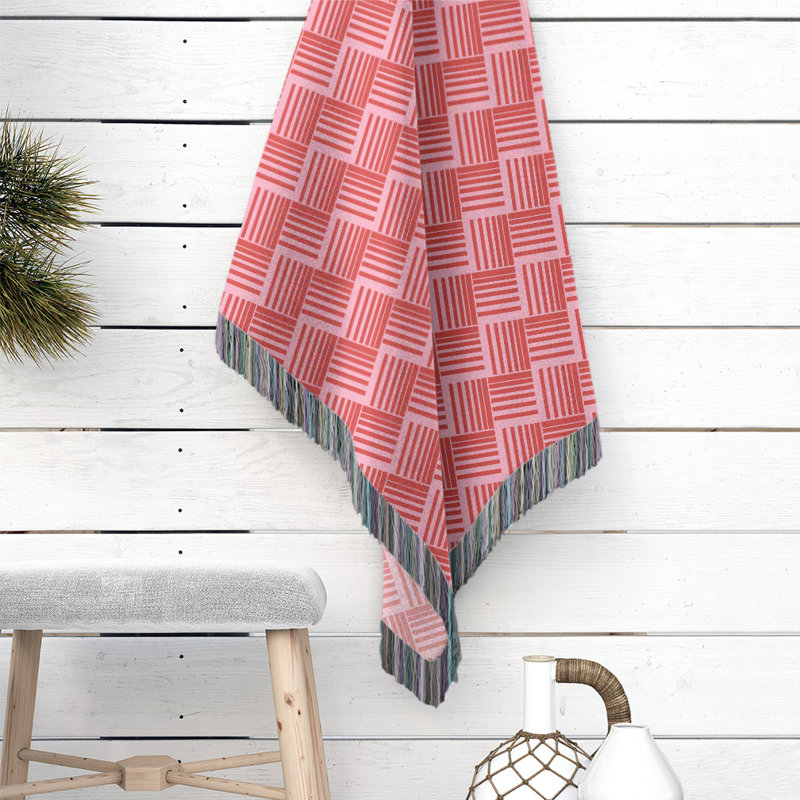 Hand Woven Throw Blanket, 37" W x 52" L, Square Geometric, Pink/Red