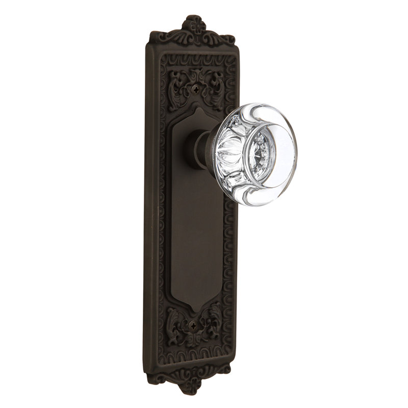 Egg & Dart Plate avec bouton de porte rond en cristal transparent, Bronze frotté à l'huile