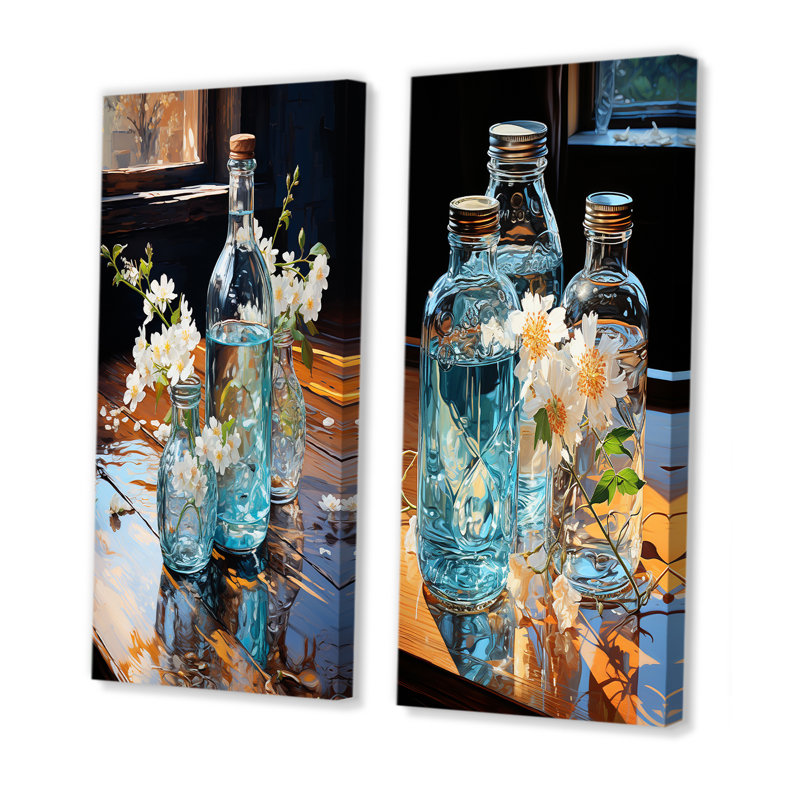 Blue Bottled Reflections - Ensemble de 2 décorations murales, H 28 po x l 25 po, Toile tendue