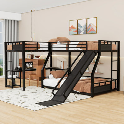 Metal Triple Bunk Bed With L-Shaped Desk, Slide, And Storage Shelves