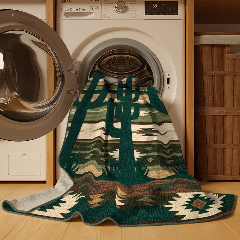 Washable Saguaro Cactus Southwestern Area Rug, Round 7'