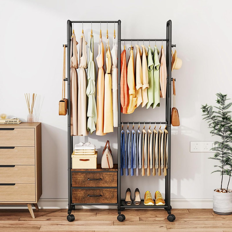 Portant à vêtements sur roulettes - Portant à vêtements avec tablette de rangement et roulettes verrouillables [Noir] - [Métal / Moderne / Autoportant]