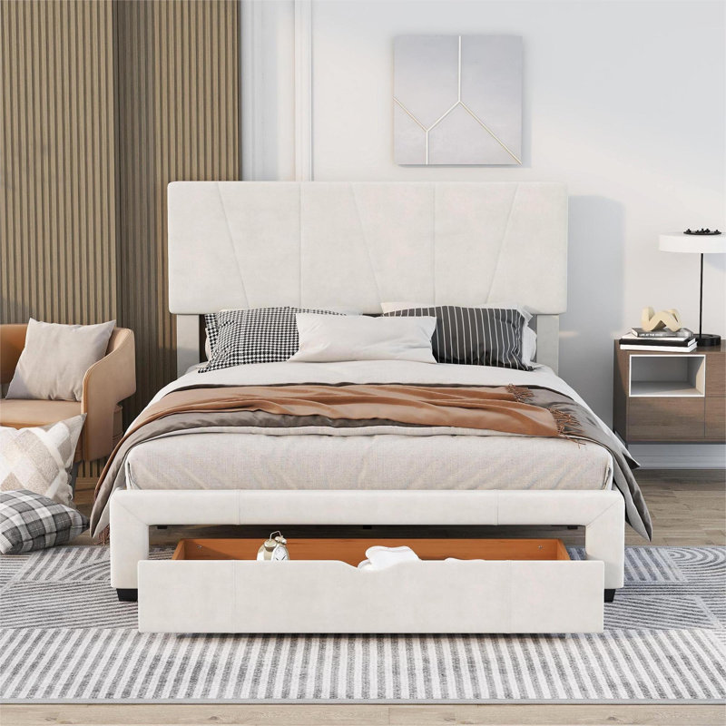 Tavo Upholstered Platform Storage Bed, Beige, Queen