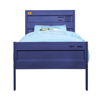 Lit double avec finition cargaison bleue, structure en métal, pieds droits, profondeur de 79 po, largeur de 56 po, cadre de finition de 44 po de hauteur, style de contenant, 21 lattes, sans sommier, long