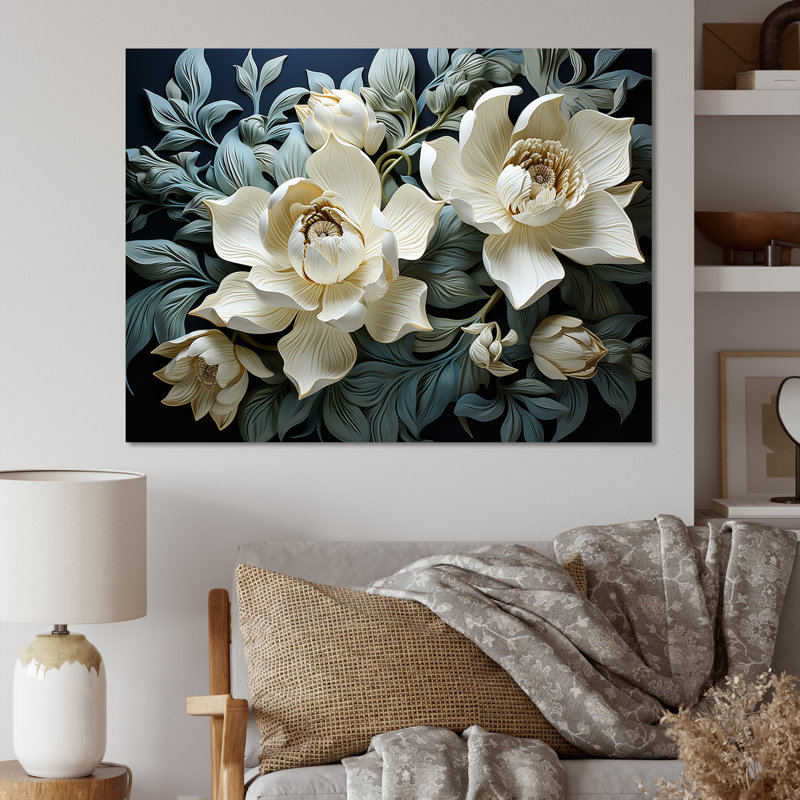 Tulipes blanches et bleues modernes sur toile, Toile tendue, H 12 po x l 20 po x P 1 po