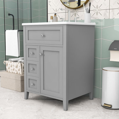 24-Inch Bathroom Vanity with Ceramic Sink, Adjustable Shelves and 4 Drawers