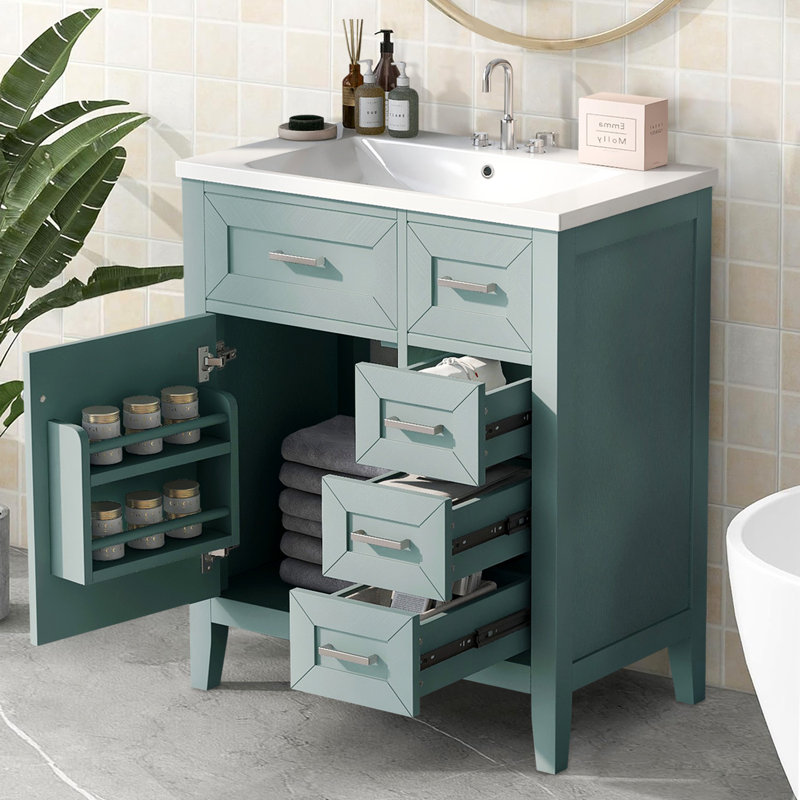 Meuble-lavabo de salle de bain avec lavabo en céramique, cadre solide et panneau en MDF, Vert/blanc
