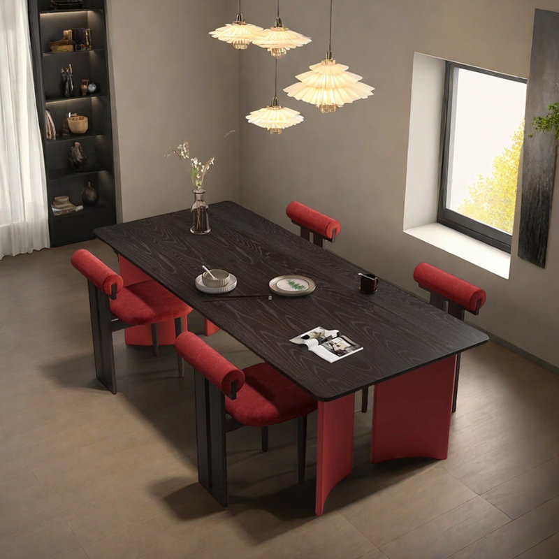 Modern Rectangular Red And Black Dining Table Set, 29.52"H x 86.61"L x 35.43"W, Red