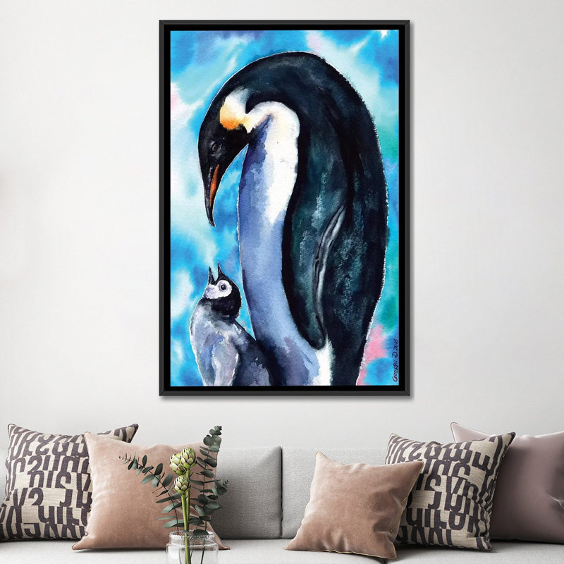 «Penguin Family» par George Dyachenko, reproduction sur toile, H 26 po x l 18 po x P 1,5 po, Toile avec cadre noir