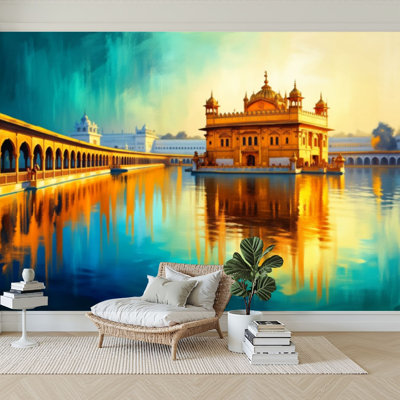 Wall Mural Peel and Stick Wallpaper Golden Temple Amritsar India oil painting Self-Adhesive Removable Contact Paper Wall Decor for Living Room Bedroom 100"H x 144"W
