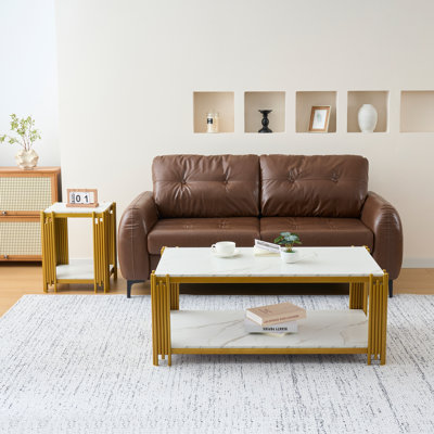 Ensemble de 3 tables de salon, 3 tables basses en faux marbre comprenant 1 console, 1 table de bout et 1 table basse avec structure en métal, table d'appoint pour le bureau personnel