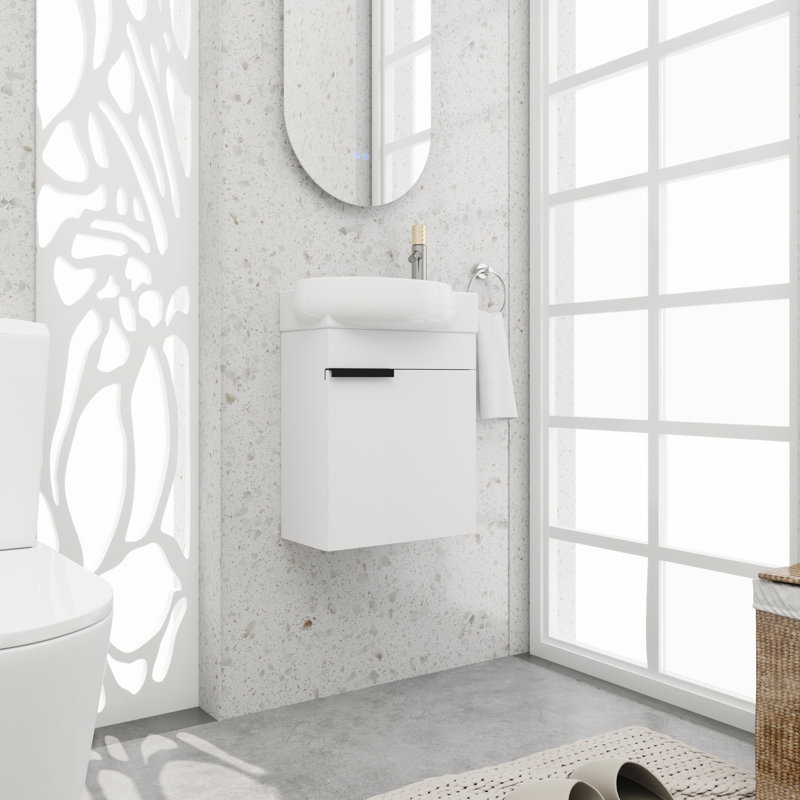16" Small Bathroom Vanity Set，Single Wall-Mounted Bathroom Vanity Set，Floating Bathroom Vanity with Ceramic Sink Top, White