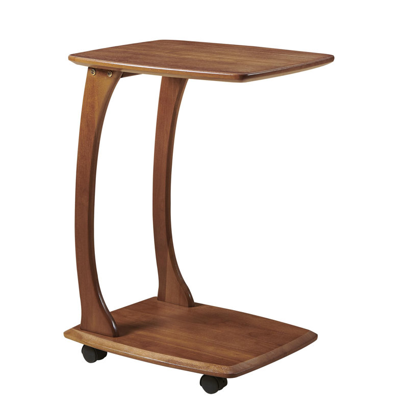 Solid Wood End Table With Rolling Wheels, C Shaped Side Table, TV Tray Table, Couch Table That Slide Under For Small Space, Living Room, Bedroom (Walnut)