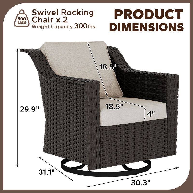 Fauteuil pivotant d'extérieur en osier 2 pièces avec coussins beiges épais de 4 po, Beige