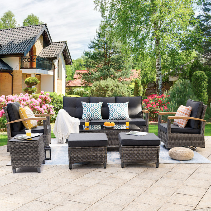 7 Pieces Patio Furniture Sets,Outdoor Rattan Furniture Conversation Sets With 2 Wood Armrests Swivel Rocker Chairs, 2 Ottoman, 2-Seat Sofa And Coffee Table