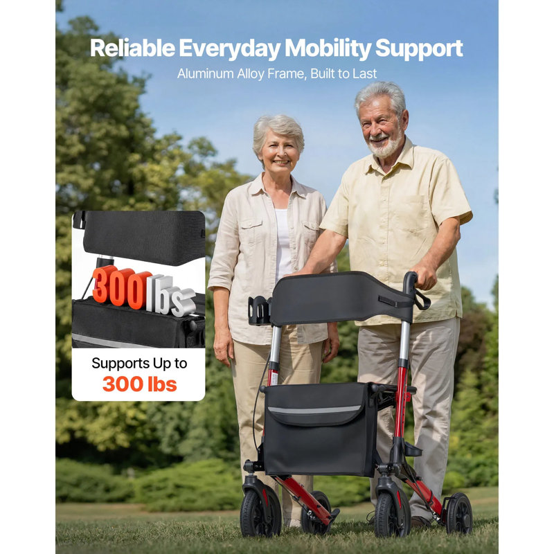 Déambulateur roulant avec siège pour personnes agées, déambulateur roulant 3 fois ultra compact, aide à la mobilité légère en aluminium avec roulettes en polyuréthane, poignée réglable, porte-gobelet et canne - supporte 300 lb