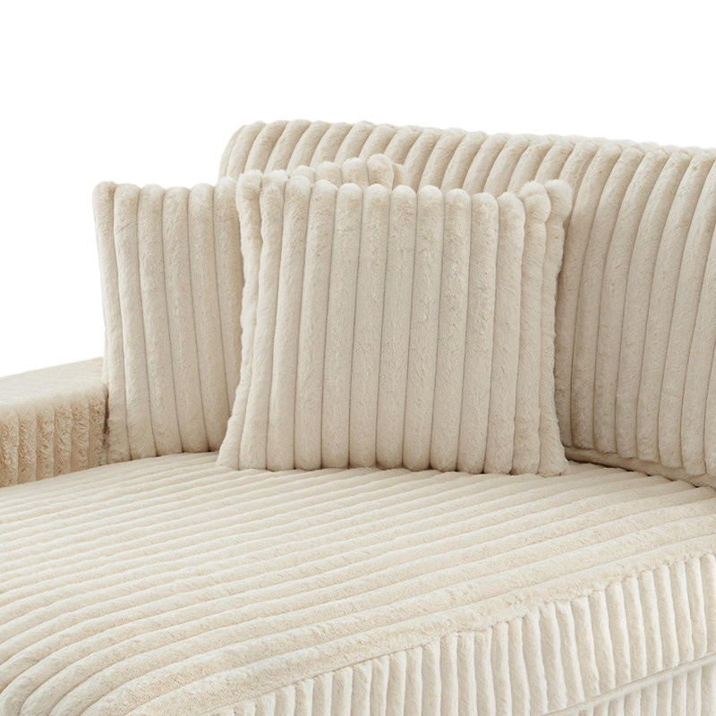 Chaise longue surdimensionnée rembourrée en fausse fourrure de lapin blanche avec accoudoirs et coussins décoratifs, Blanc