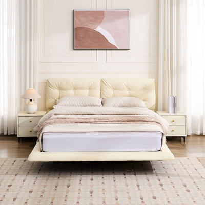 Queen Size Upholstered Floating Bed With Led Lights, White Pu Leather Platform, Button - Headboard. Design For A Modern Look, Six Color Lights Warm Vibe, Comfortable And Noiseless Use Frame In