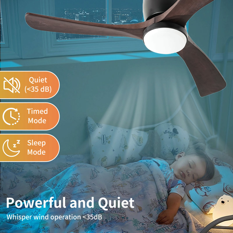 42" Solid Wood Ceiling Fan With Light-Flush Mount, Dc Motor, Dark Purple