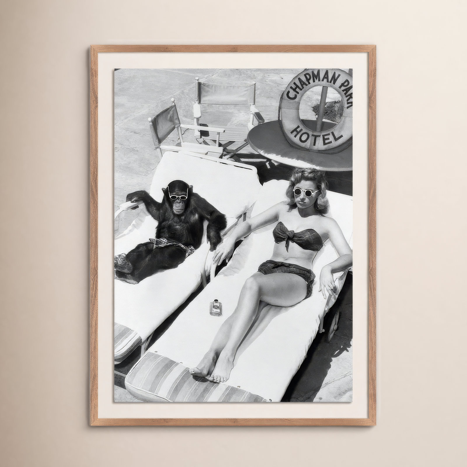 Woman Sunbathing With Chimpanzee by Getty Images, Rustic Walnut Framed, 32" H x 24" W