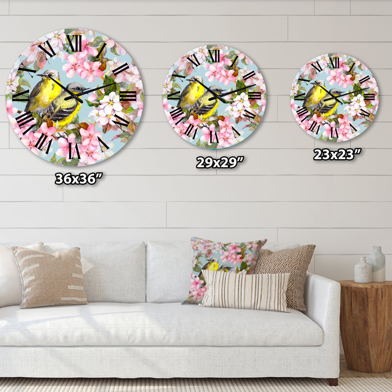 Horloge murale traditionnelle cerisier sakura et pomme avec oiseaux I, Grand, Bleu