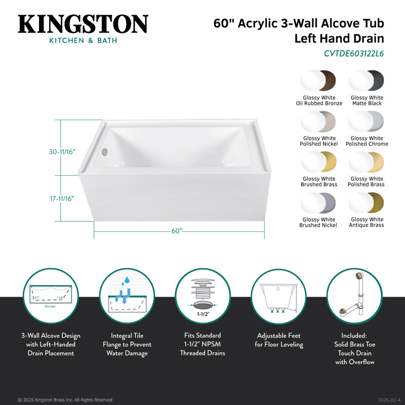 Kingston Brass Aqua Eden 60-Inch Acrylic Rectangular 3-Wall Alcove Tub, Hand Drain, Left, Oil Rubbed Bronze