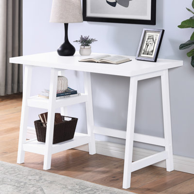 Bureau blanc avec compartiment de rangement - bureau abondant, 2 tablettes ouvertes, fabrication, base en bois d'hévéa massif, 42 po x 24 po 30 po, plateau contemporain en bois épais de 1,18 po, contenu de qualité,