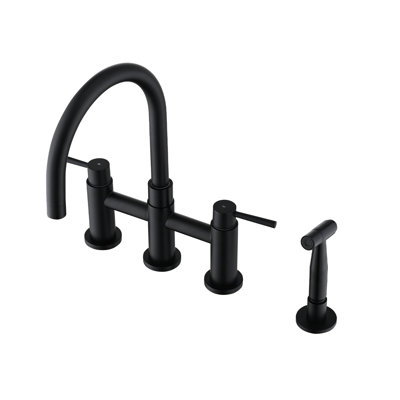 Double Handle Bridge Kitchen Faucet With Side Spray, Matte Black Finish, Stainless Steel, 360 Swivel Spout, 1.2 Gpm Flow Rate Spray In Black, Corrosion Resistance,