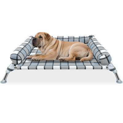 Elevated Dog Bed with Bolster, Breathable Fabric Dogs Hammock Bed for Indoor & Outdoor, Portable Raised Lifted Pillow Pet Cot Beds, Stainless Steel Frame, Medium