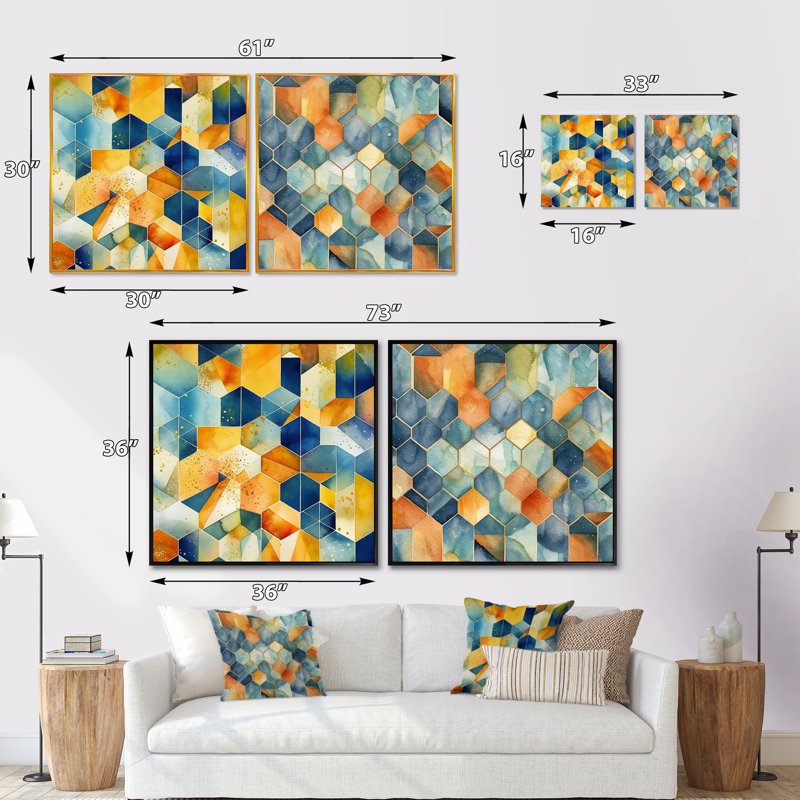 Réflexions apaisantes scandinaves - Ensemble de 2 collages carrés à formes abstraites, Cadre flottant noir, H 16 po x l 33 po