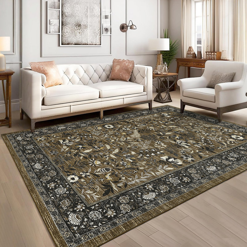 Botanical Flora Machine Washable Rug Low Pile Throw Carpet Non Slip Non Shedding Floor Cover Stain Resistant Folding Carpet For Home Decor