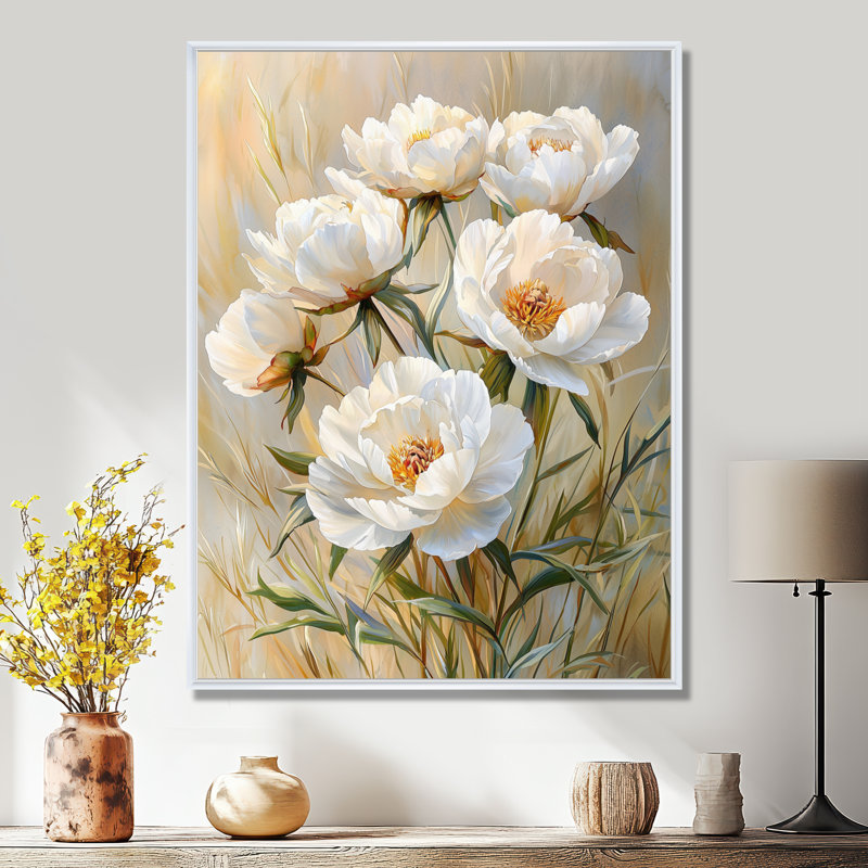 Pivoines dans l'air frais d'automne I - pivoines, art mural, Reproduction avec cadre flottant, H 44 po x l 34 po, Blanc
