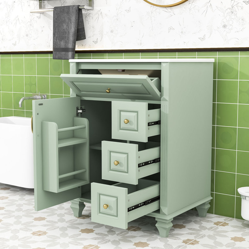 Meuble-lavabo autoportant avec lavabo en céramique, tiroir rabattable, 3 tiroirs et tablette réglable, Vert
