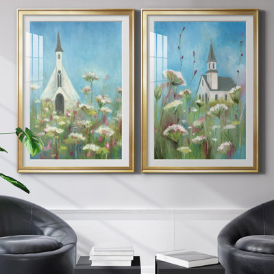 Country Church I - Matted and Framed Under Acrylic Glass, Set of 2, Large Living Room Wall Art