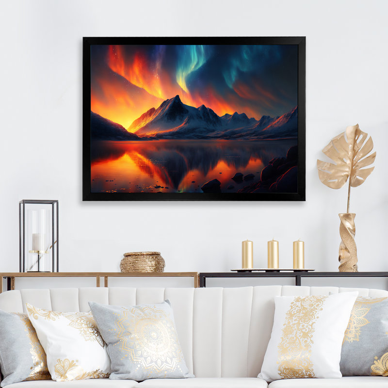 «Beautiful Lake Sunset With Aurora Borealis», reproduction sur toile, H 24 po x l 32 po x P 1 po, Cadre photo noir