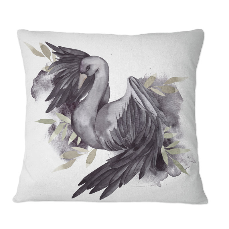 Cygne noir avec ailes ouvertes I - Coussin décoratif à imprimé traditionnel, 16 po x 16 po